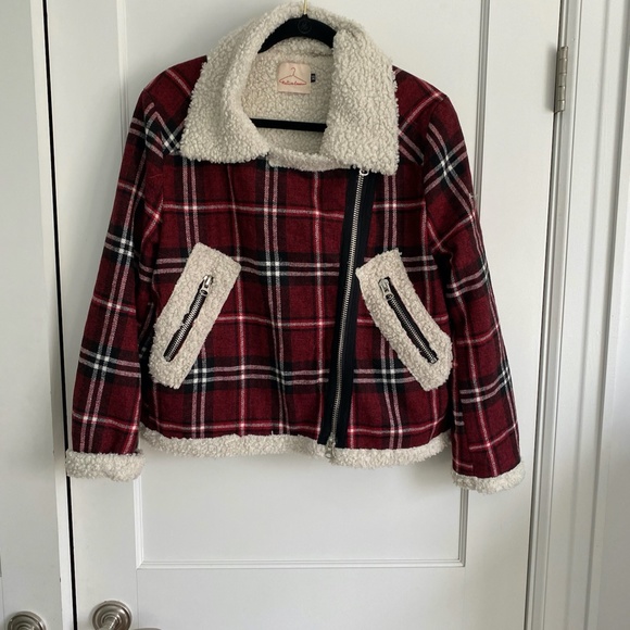 NWOT Native Rose Plaid Jacket Faux Shearling Moto Jacket - Picture 4 of 7